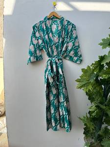 Bird Print Cotton Kimono Robe Bohemian Bridal Loungewear Dressing Gown - Product Image 5
