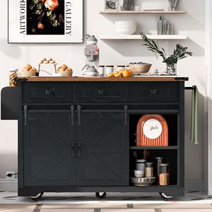 Carrello da Cucina Stile Fattoria da 136 cm con Presa di Corrente, 2 Ante Scorrevoli, Scaffale Porta Spezie Ribaltabile e Ruote - Product Image 4