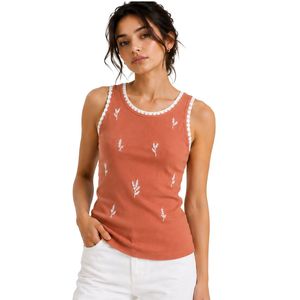 Top de Tirantes Acanalado para Mujer en Terracota y Blanco, Sin Mangas, Bordado, Casual, de Verano, Ajustado, de Algodón Elástico, Personalizado OEM - Product Image 1
