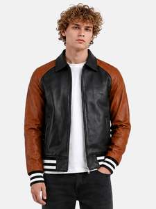 <b>Men's</b> Black And <b>Brown</b> <b>Leather</b> Bomber <b>Jacket</b> With Zipper Closure Turn-down Collar Regular Fit Moto Style Autumn Wear - Product Image 1