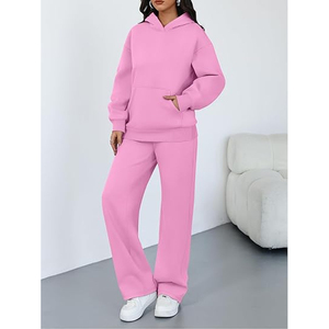 Women's <b>Pink</b> Hooded 100% Cotton <b>Tracksuit</b> Set Full Sleeve Solid Color Casual Loose Fit Sweatshirt Pants - Product Image 3