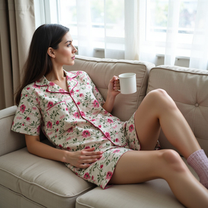 Conjunto de pijama de noche cómodo hecho a mano para mujer, ropa de dormir lujosa para mujer beige con diseño floral moderno al por mayor - Product Image 1