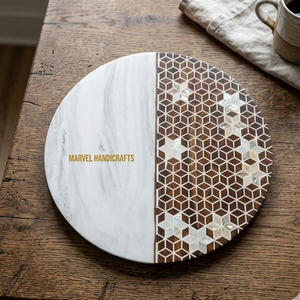 Designer Mother of Pearl Wood Craft Serving Tray | Handmade Ramadan Eid Decorative Food Serving Platter for Home Kitchen <b>Gift</b> - Product Image 2