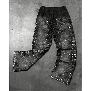 Private Label Men's Rhinestone Flare Pants Lightweight Straight Casual Solid Color Side Pockets 100% Cotton - Product Image 2