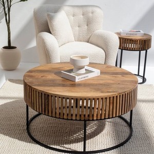 Table basse ronde en bois Vandana Astra Sereno avec base en métal noir pour les intérieurs modernes - Product Image 3