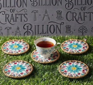 Sous-verre rond en bambou fait main avec motif floral coloré en mosaïque, style bohème, tapis de table - Product Image 5