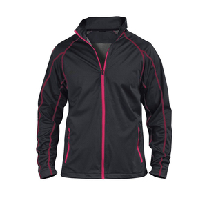 Veste coupe-vent sportive noire pour homme avec fermeture éclair et surpiqûres roses, coupe régulière, col montant, en polyester softshell, pour l'automne et les activités de plein air - Product Image 1