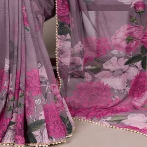 VASTRA COTTAGE Saree Marbal con Estampado Floral y Borde de Encaje de Perlas, Blusa sin Coser, Elegante Traje Étnico para Fiestas para Mujer - Product Image 3