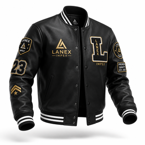 Custom Black Leather Varsity Jacket with Front Logo & Chenille Patches | OEM/ODM Premium College Letterman Jacket | Men's Winter - Product Image 1