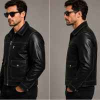 Blouson moto vintage en cuir d'agneau véritable noir pour homme, coupe ajustée, col rabattable, fermeture éclair, manches classiques, style hiver