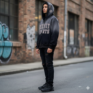 Sweat à capuche zippé Rexfit Sports, imprimé DTG personnalisé, effet délavé, en molleton épais, style streetwear, fermeture éclair intégrale, OEM - Product Image 5