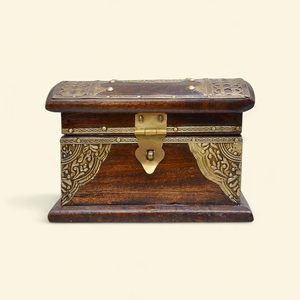 <b>Antique</b> Royal Wooden Jewelry <b>Box</b>, 6 inch — Decorative Keepsake Storage Organizer with Floral Brass Jali Work — Vintage Treasure - Product Image 1