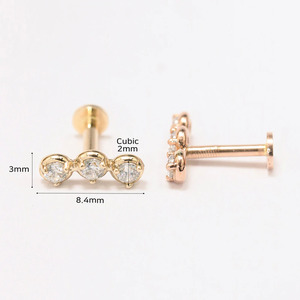 Zisma 14K Gold 3 Stone Lab Grown Diamond Labret Internal Threaded Flat <b>Back</b> Triple Cluster Stud Diamond Manufacturer - Product Image 4