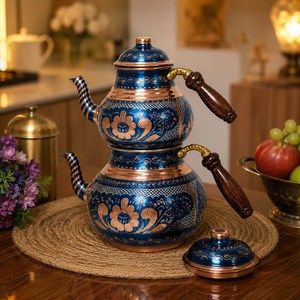 Handmade Turkish Copper <b>Tea</b> Pot <b>Set</b> Blue Enamel Painted Copper <b>Tea</b> Kettle Wooden Handle OEM ODM Wholesale Manufacturer - Product Image 3