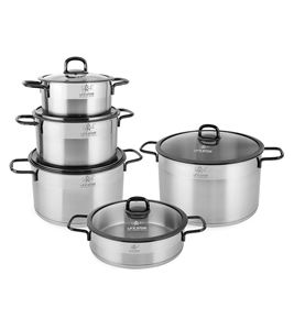 Ensemble de casseroles de luxe en acier inoxydable 18/10 de 10 pièces avec couvercles en verre, poignées en acier noir et base compatible induction - Product Image 1