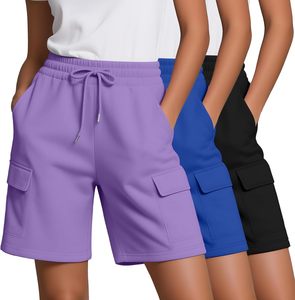 Women's Shorts Solid Color Cargo Shorts Mid Waist Drawstring Knitted Casual Pants With Pockets Regular Fit Purple Blue Black - Product Image 1