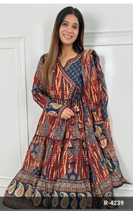 <strong>Designer</strong> Pure Cotton Indian Ethnic Suite Set 3-Piece Flared Block Print Embroidery Handwork Mulmul Dupatta Straight Fashion - Product Image 3