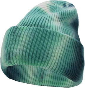 Gorros de Punto Acrílicos con Rayas Acanaladas en Degradado de Color Rosa, Azul y Arcoíris, Estilo Tie Dye, para Mujer - Product Image 6