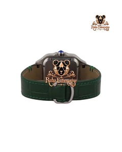 Montre à quartz rectangulaire de luxe avec boîtier en acier inoxydable serti de strass, bracelet en cuir vert, affichage analogique, unisexe - Product Image 3