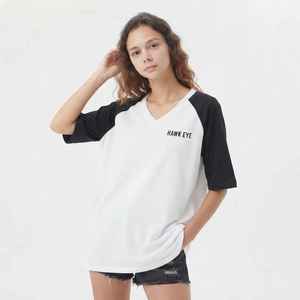 Women's <b>White</b> <b>V</b>-<b>Neck</b> Raglan Sleeve <b>T</b>-<b>Shirt</b> Loose Fit Cotton Jersey Casual Print Logo Top Spring Summer - Product Image 1