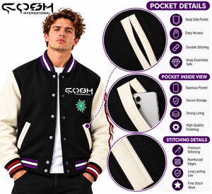 Chaqueta Varsity para hombre en negro y bloques de color con logo bordado, botones a presión, estilo Letterman, chaqueta bomber de béisbol para hombre. - Product Image 4
