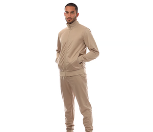 Men's Beige Stand Collar Tracksuit <b>Set</b> <b>Knitted</b> Fabric 100% Polyester Breathable Casual Wear Autumn Solid Color - Product Image 1