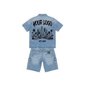 Ensemble jean homme deux pièces personnalisé par le fabricant, chemises à manches courtes boutonnées et shorts en jean de haute qualité, style streetwear. - Product Image 3