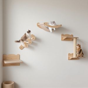Juego de 4 Muebles de Pared para Gatos con Árbol para Gatos de 2 Niveles y Percha, Incluye Hamaca y Rascador de Calidad - Product Image 1