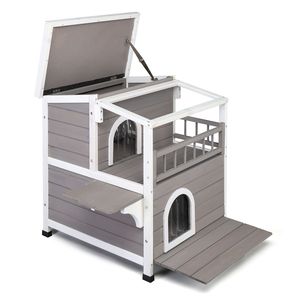 Lussuosa Casetta per Gatti a 2 Piani in Legno di Abete con Tettoia Trasparente, Ampio Balcone Apribile, Resistente alle Intemperie per Uso Interno o Esterno - Product Image 6