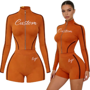 Women's Sporty 2 Piece Tracksuit Set Full Sleeve <b>Turtleneck</b> Zipper Crop <b>Top</b> With Matching Shorts Solid Color Breathable Spring - Product Image 1