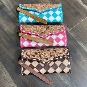 Portefeuille long en cuir véritable à carreaux, style occidental, fait main, avec protection RFID, vente en gros, porte-cartes à poignet pour femmes, pochette - Product Image 4