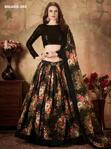 Fashionable <b>Top</b> Quality Organza with Floral Print & Dori-Zari-<b>Sequins</b> Embroidered <b>Black</b> Lehenga-Choli Set At Wholesale Rate - Product Image 2