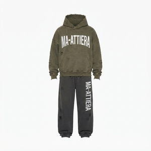 Ensemble survêtement homme personnalisé vert olive vieilli avec sweat à capuche et pantalon de jogging noir en molleton de coton, style streetwear, vente en gros OEM - Product Image 4