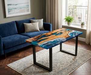 Luxury Ocean Wave <b>Epoxy</b> <b>Resin</b> Coffee <b>Table</b> Live Edge Solid Wood Handmade Designer Center <b>Table</b> Modern Home Furniture - Product Image 1