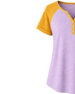 T-shirt pour femme en coton doux, coupe ample décontractée, manches courtes, col Henley, manches raglan, couleurs lavande et jaune moutarde, idéal pour l'été - Product Image 4