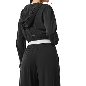 Conjunto de Sudadera con Capucha Corta y Pantalones Anchos para Mujer, 2 Piezas, Ligero, Elástico, Ropa Deportiva Informal, Venta al Por Mayor, OEM - Product Image 2