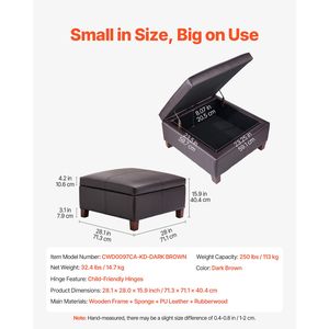 Pouf da salotto quadrato da 28 pollici con bottoni trapuntati, in pelle PU, con contenitore in MDF e coperchio ribaltabile, ideale per l'ingresso - Product Image 3