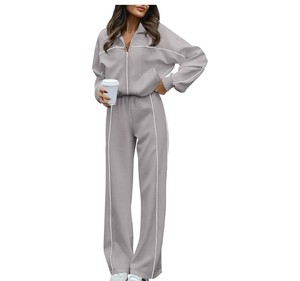 Ensemble de survêtement blanc pour femme, manches longues, fermeture éclair, coupe décontractée, couleur unie, respirant, en polyester, style printemps - Product Image 3