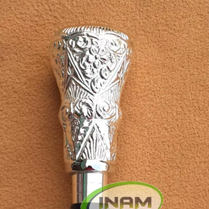 Engraved Knob Handle <b>Wooden</b> <b>Walking</b> <b>Stick</b> with Black Shaft | Silver Tone Decorative Hiking Cane for Outdoor Trekking and <b>Walking</b> - Product Image 3