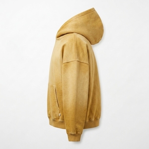 Sudadera con Capucha para Hombre, Color Amarillo Mostaza, Estilo Lavado, Felpa de Algodón, con Bolsillo Canguro, Estilo Urbano Holgado - Product Image 3