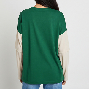 High Quality Women's Green Beige <b>Raglan</b> Sleeve Loose Fit Cotton T-Shirt Crew Neck Solid Color Casual Knitted Long Sleeve <b>Top</b> - Product Image 5
