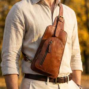 Men's Genuine <b>Leather</b> <b>Soft</b> Crossbody <b>Bag</b> Classic Flap Closure Durable Design Brown Color Large Capacity Business Use - Product Image 4