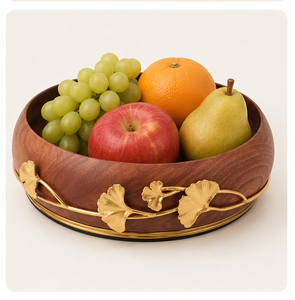 Cuenco de madera maciza tallado a mano con elegantes detalles de hoja de ginkgo en latón dorado, vajilla ecológica para decoración de hogar de lujo. - Product Image 4