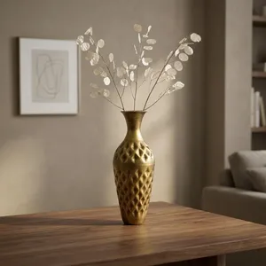Vase à fleurs en métal doré de qualité supérieure, finition laiton antique, texture diamant, décoration de luxe pour la maison, objet décoratif - Product Image 5