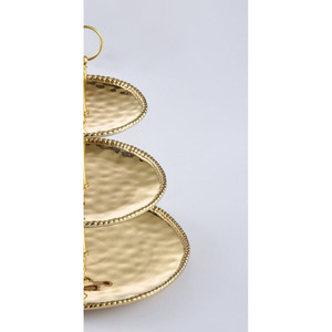 Stunning <b>Three</b>-<b>Tiered</b> Gold <b>Cake</b> <b>Stand</b> Featuring Hammered Textured Platters With Beaded Rims And A Convenient Top Ring Handle - Product Image 5
