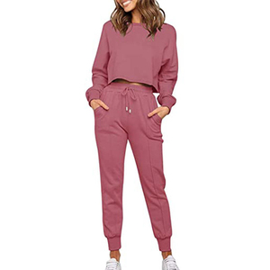 Women Solid Green <b>Crop</b> Top and <b>Jogger</b> Pants Set CasualTracksuit Full Sleeve Crew Neck Drawstring Side Pockets 100% Cotton - Product Image 4