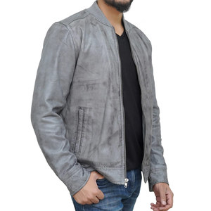 <b>Men's</b> Gray PU Bomber <b>Jacket</b> Stand Collar Zipper Closure Moto Biker Style Washed Finish Regular Fit For Sale - Product Image 4