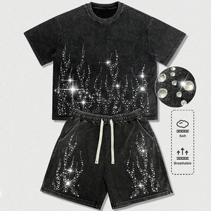 Nouvel ensemble deux pièces homme style urbain en coton 100% biologique écologique avec strass, vintage, délavé et coupe ample, couleur unie - Product Image 1