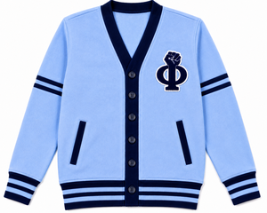 เสื้อคาร์ดิแกนสีฟ้าอ่อนสไตล์ Preppy ของชมรมนักศึกษาหญิงสีแทนจากวิทยาลัยสเปลแมน แขนยาว ปักลายตัวอักษรแบบกรีก - Product Image 2