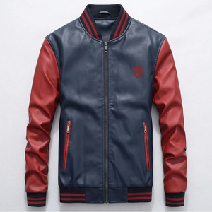 Veste de baseball Varsity pour homme, bleu marine et rouge, en cuir PU, doublée de polaire, avec col côtelé et poches zippées - Product Image 2